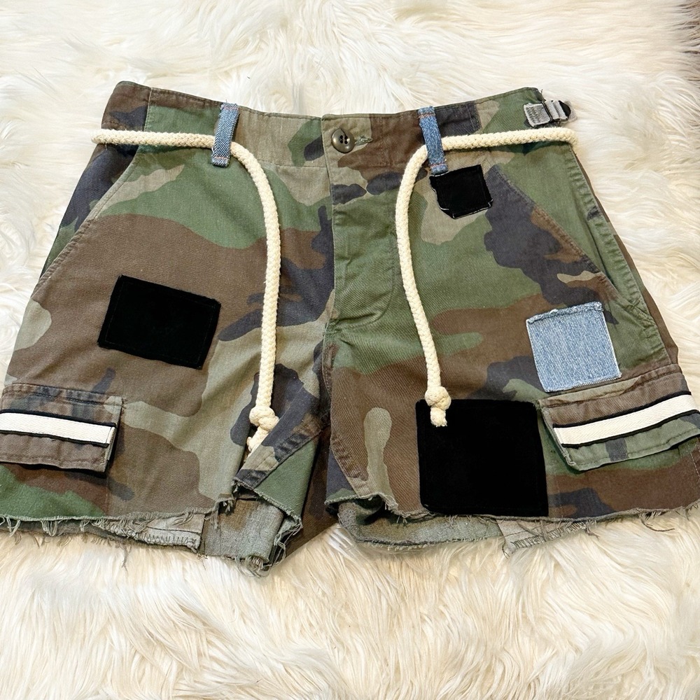 Riley Vintage High Low Patchwork Camo Shorts Women's Size XS Reworked Rope Belt